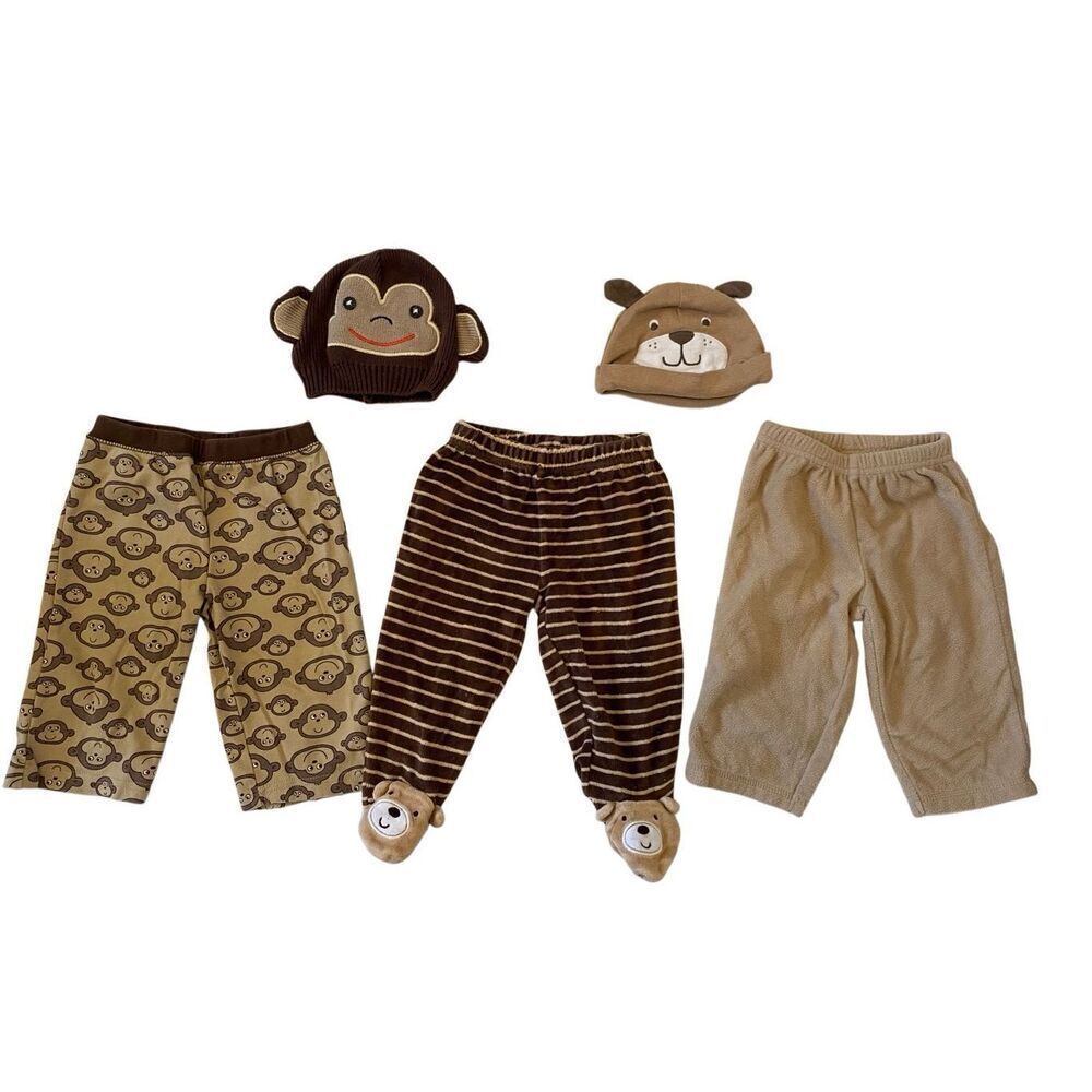 Lot of 5 Carters Monkey Dog Baby Hats Pajama Pants 6 Months